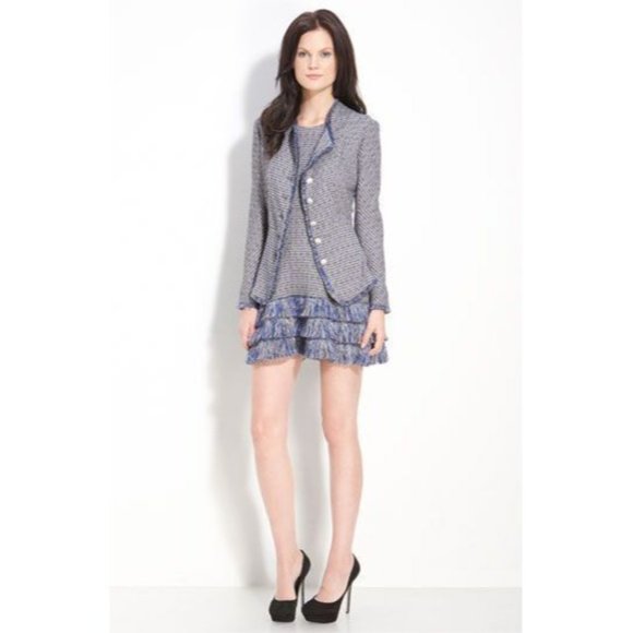 Theyskens' Theory Jossak Jacket Womens 2 Blue Tweed Stretch Button Fray Trim - Picture 2 of 11